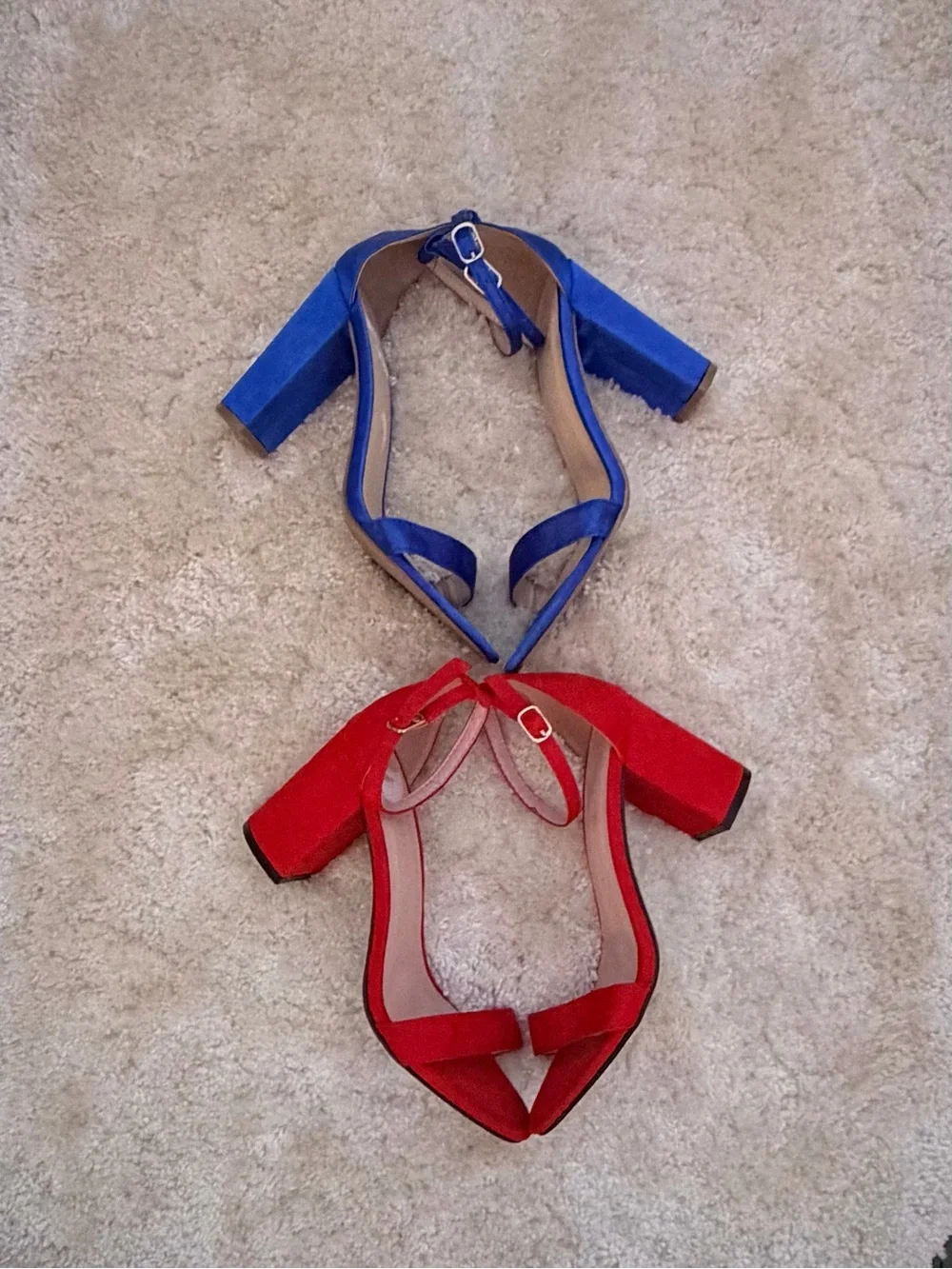 Wild Diva Open-Toe Ankle Strap Heels in Red and Blue
